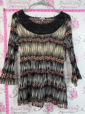 NICOLA shirt top Black Cream and Red Printed Crochet-Yoke Womens Top